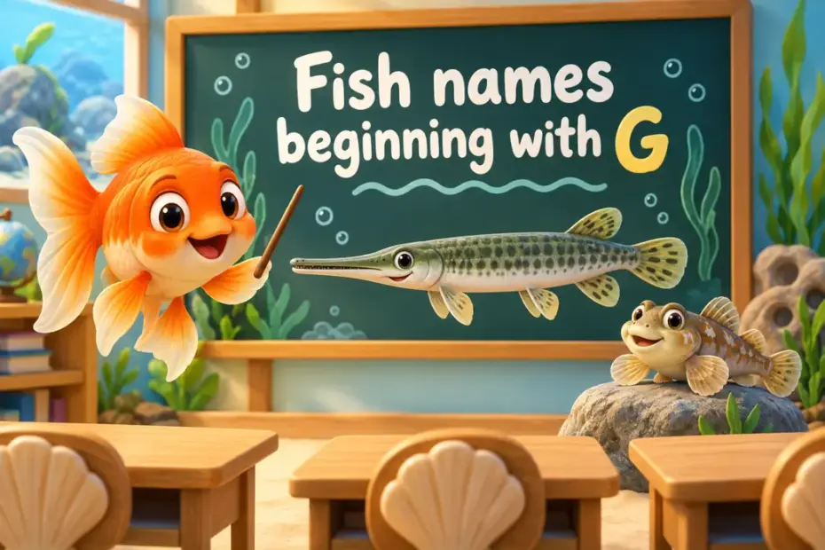 Fish names beginning with G illustrated with playful educational cartoon characters