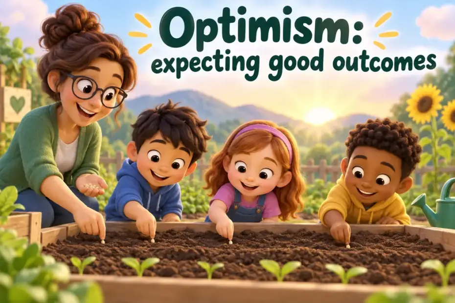 Optimism: expecting good outcomes illustrated with playful educational cartoon characters