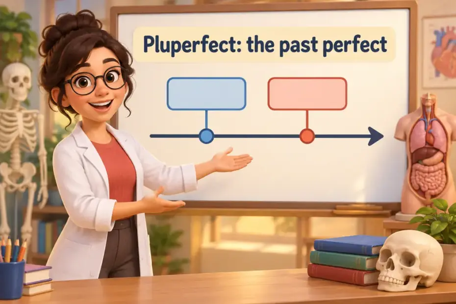 Pluperfect: the past perfect in a playful educational illustration