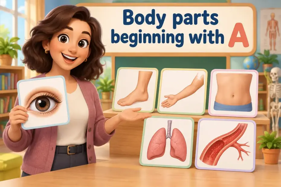 Body parts beginning with A in a playful educational illustration