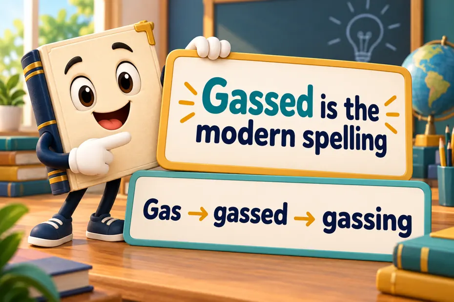 Book mascot presents Gas, gassed and gassing spelling cards.