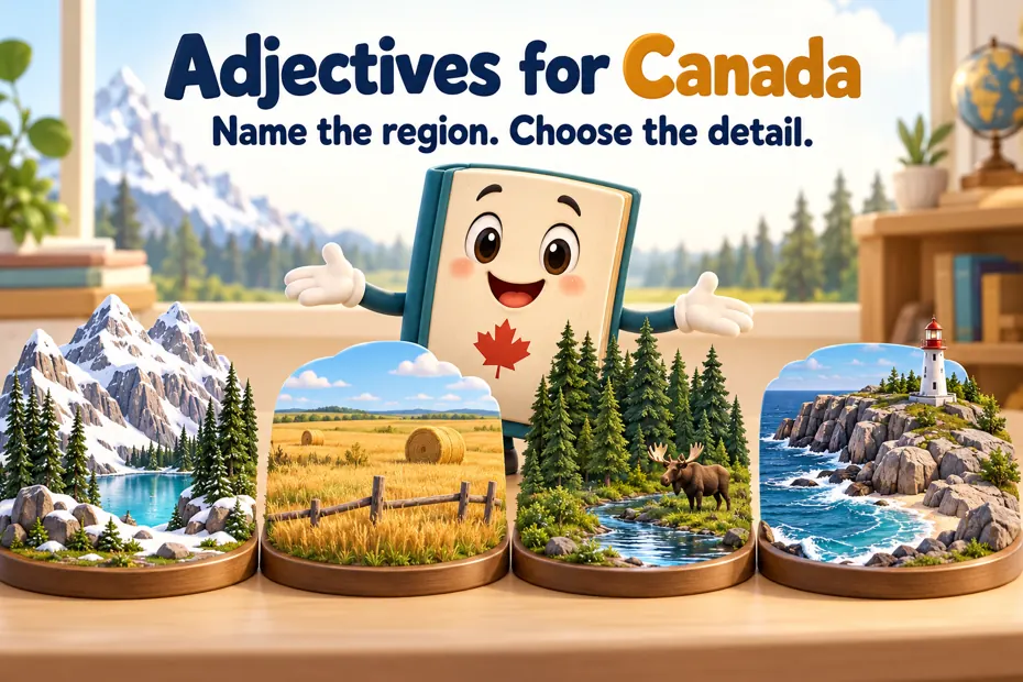 Book mascot presents mountain, grassland, forest and coastal scenes.
