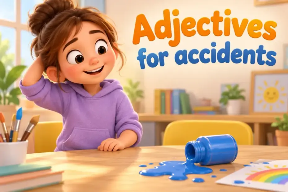 Adjectives for accidents in a playful teaching illustration