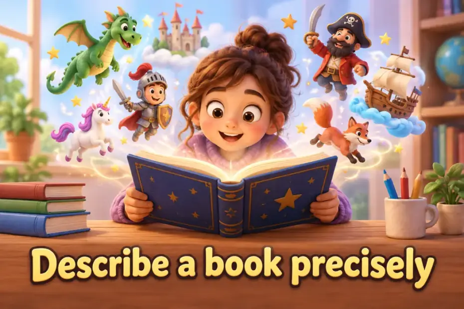 Describe a book precisely; a playful reader illustration teaches precise book descriptions.