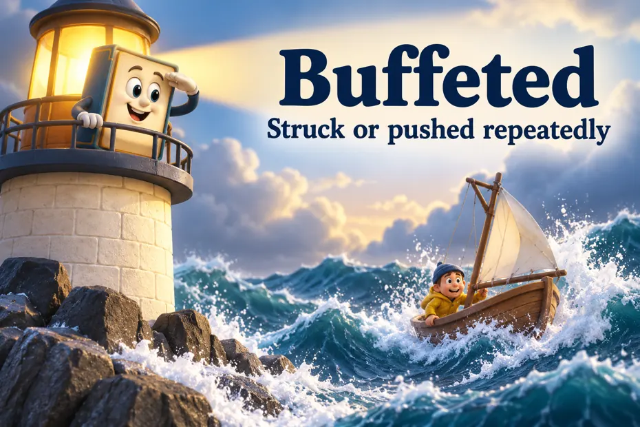 Book mascot watches a small boat buffeted by waves from a lighthouse.