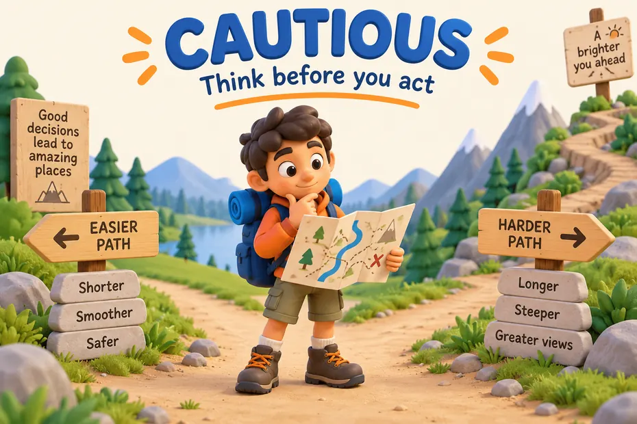Thoughtful student illustrating cautious behavior before choosing a path