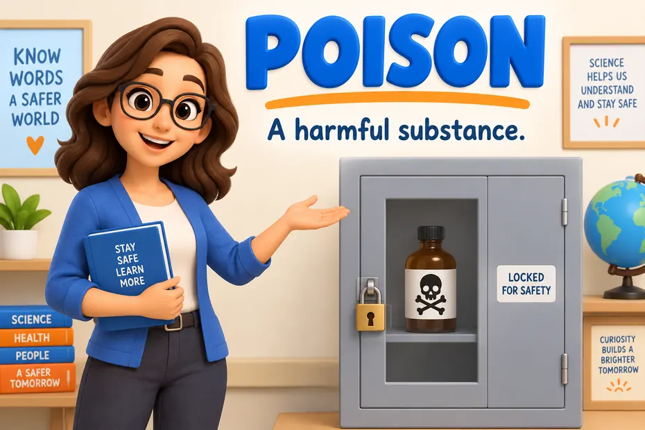 Teacher introducing poison as a harmful substance beside a locked cupboard