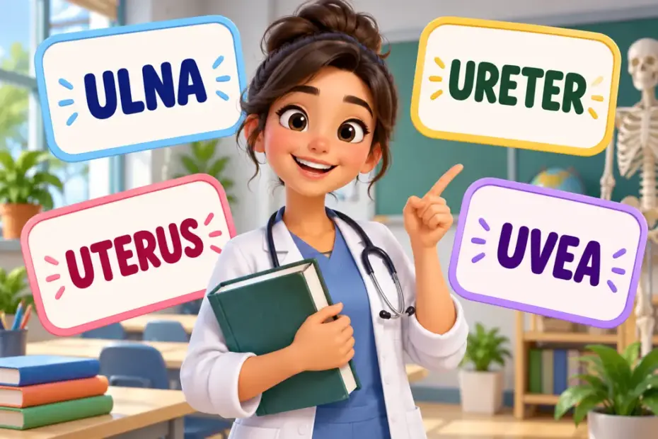 A friendly anatomy student holds a textbook beside vocabulary cards reading ULNA, URETER, UTERUS, and UVEA.