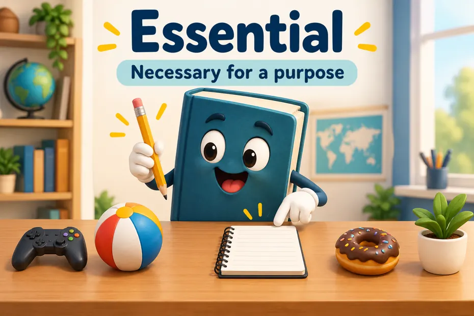 Book mascot chooses required notebook and pencil from optional decorations.
