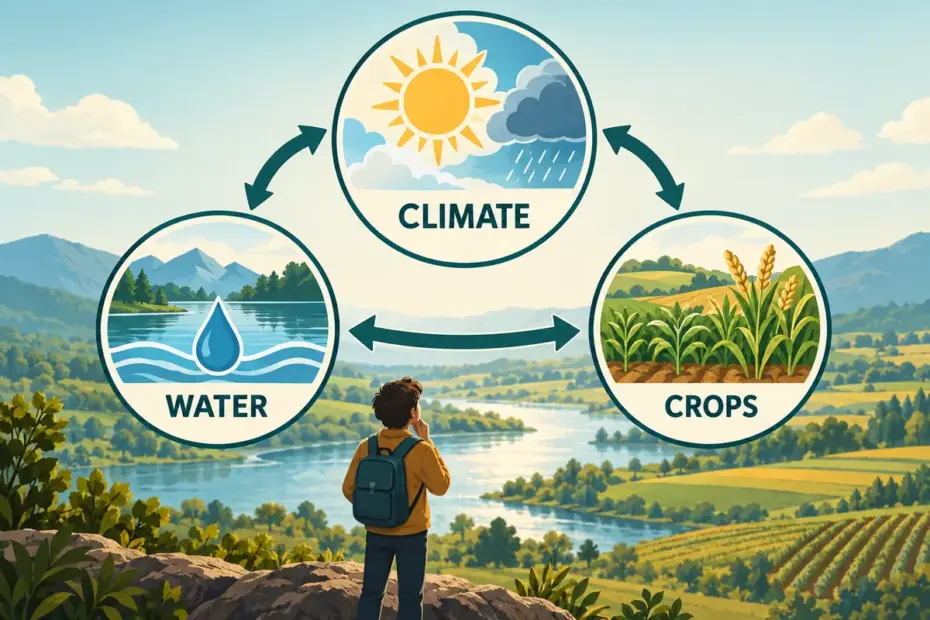 Climate, water, and crops connected by two-way arrows to show reciprocal relationships.