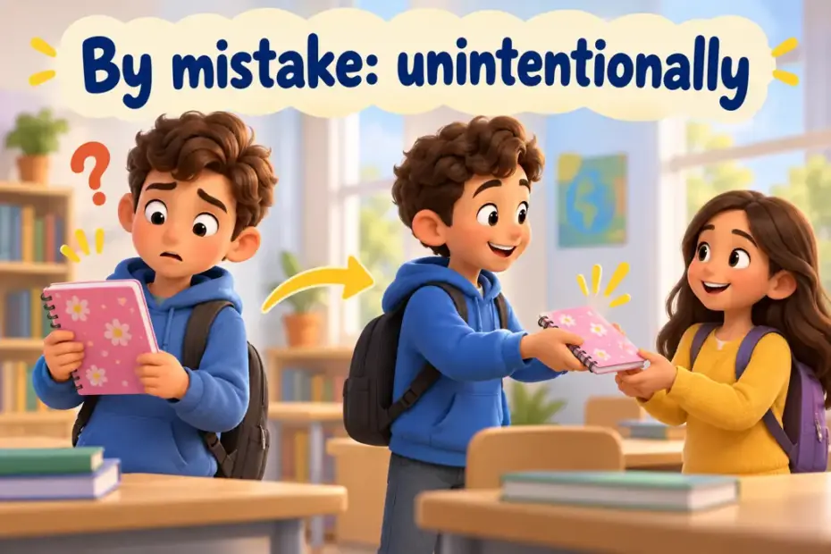 By mistake: unintentionally in a playful teaching illustration