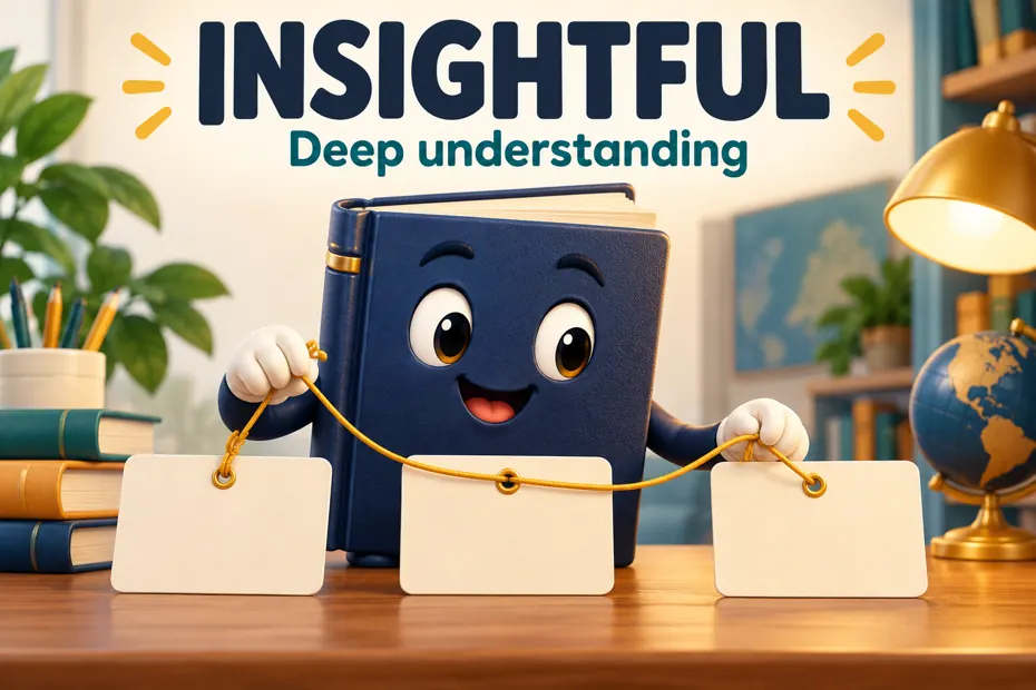 Book mascot connects notes to illustrate insightful understanding.
