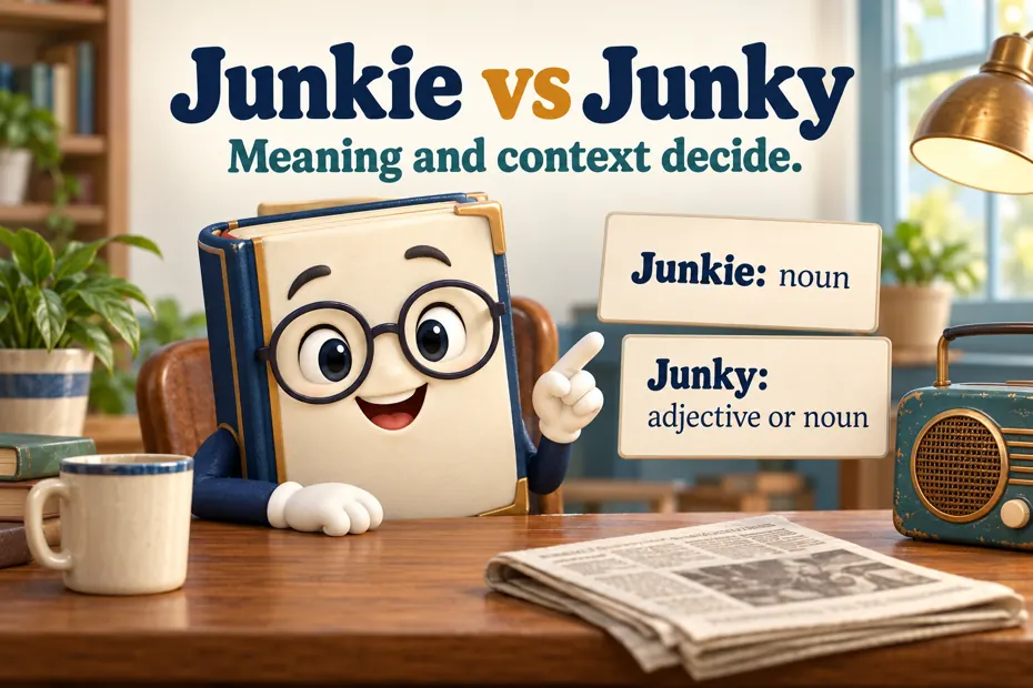 Book mascot compares Junkie noun with Junky adjective or noun.