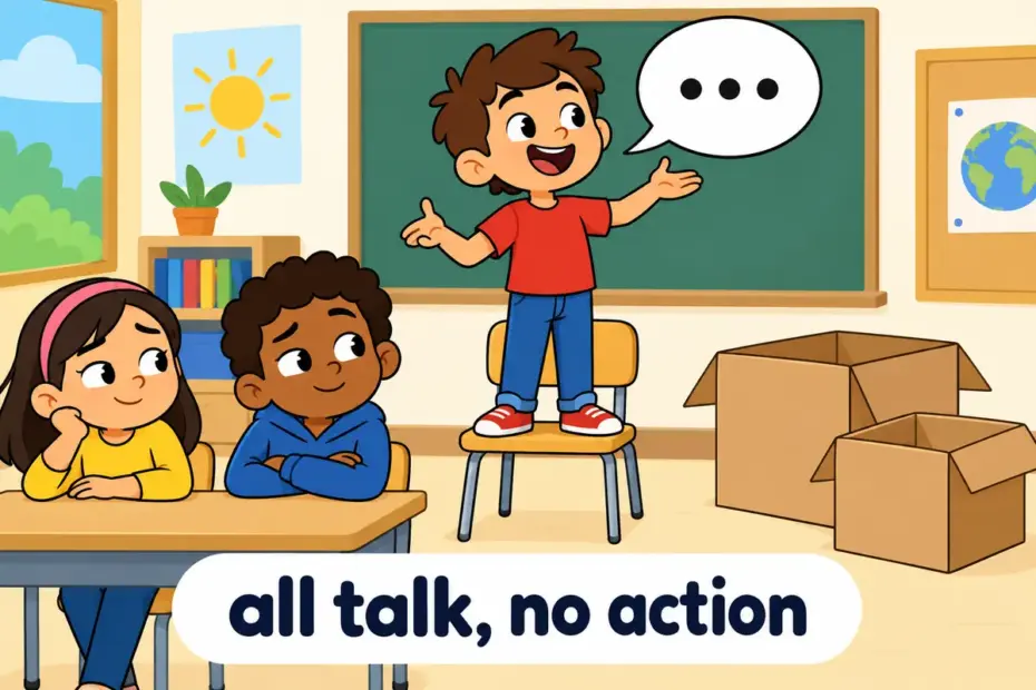 Cartoon children watch a classmate promise to help but sit idle, showing feckless in a sentence as weak effort and no action.