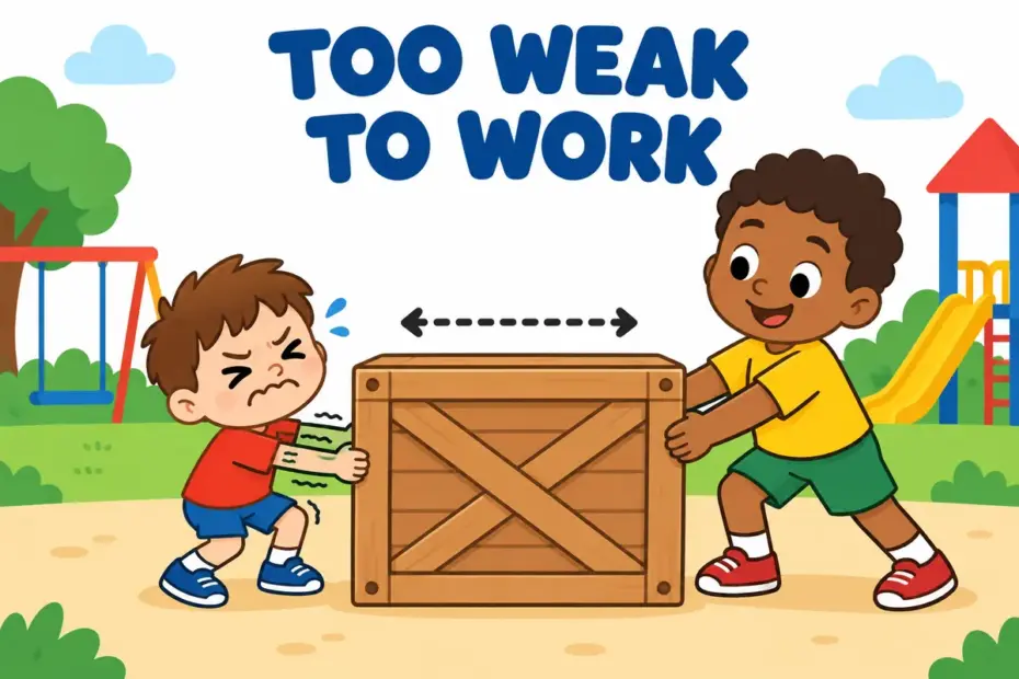 Cartoon child strains to lift a heavy crate but cannot, illustrating feeble in a sentence as an effort too weak for the task.