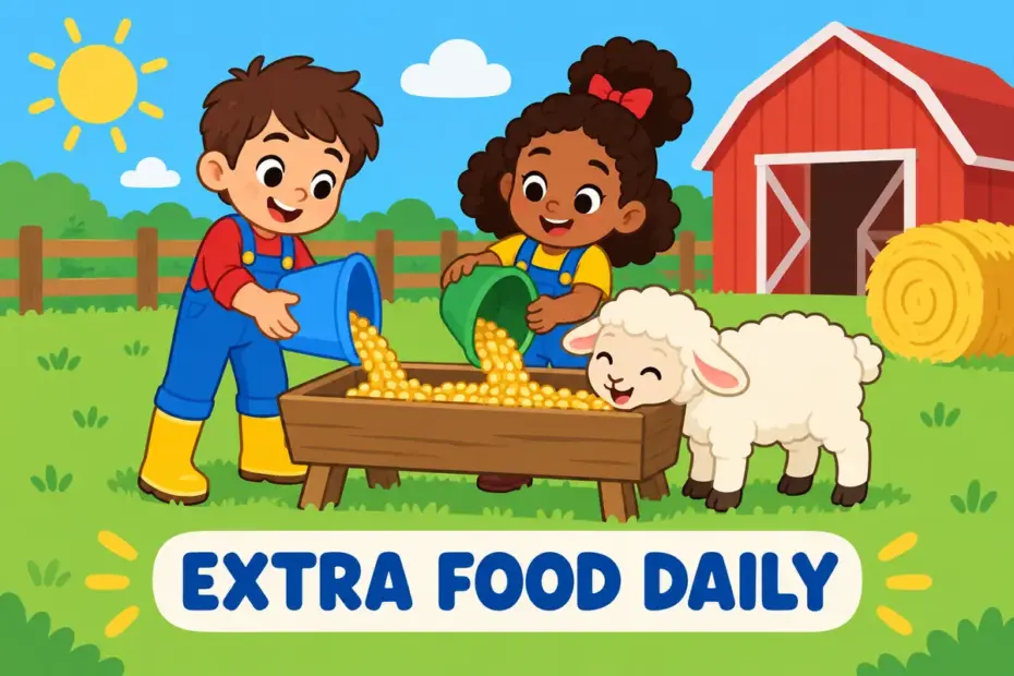Cartoon children fill a lamb trough, showing feed up in a sentence as giving extra food to fatten.