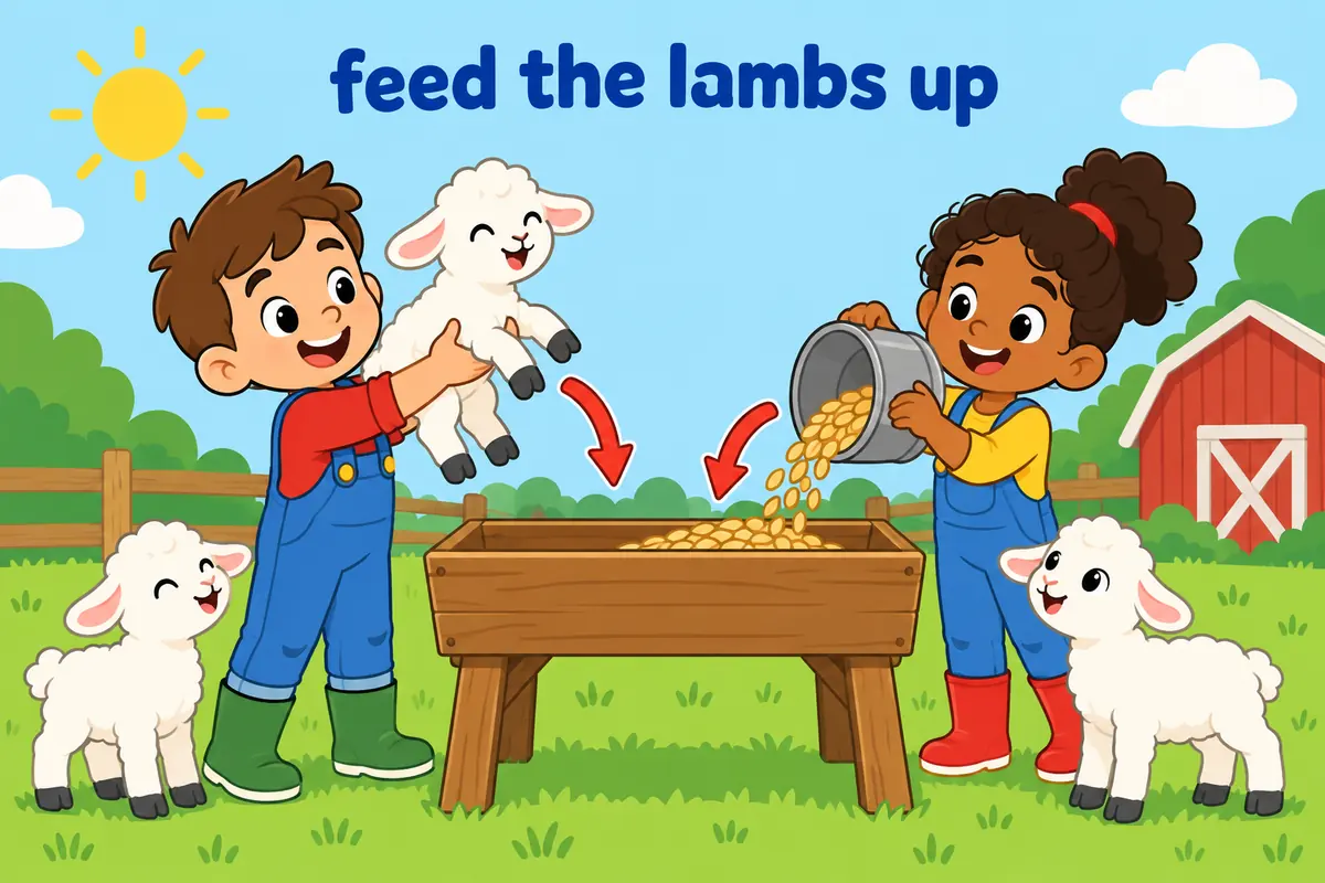 A cartoon child lifts a lamb toward a raised trough while another child pours grain.