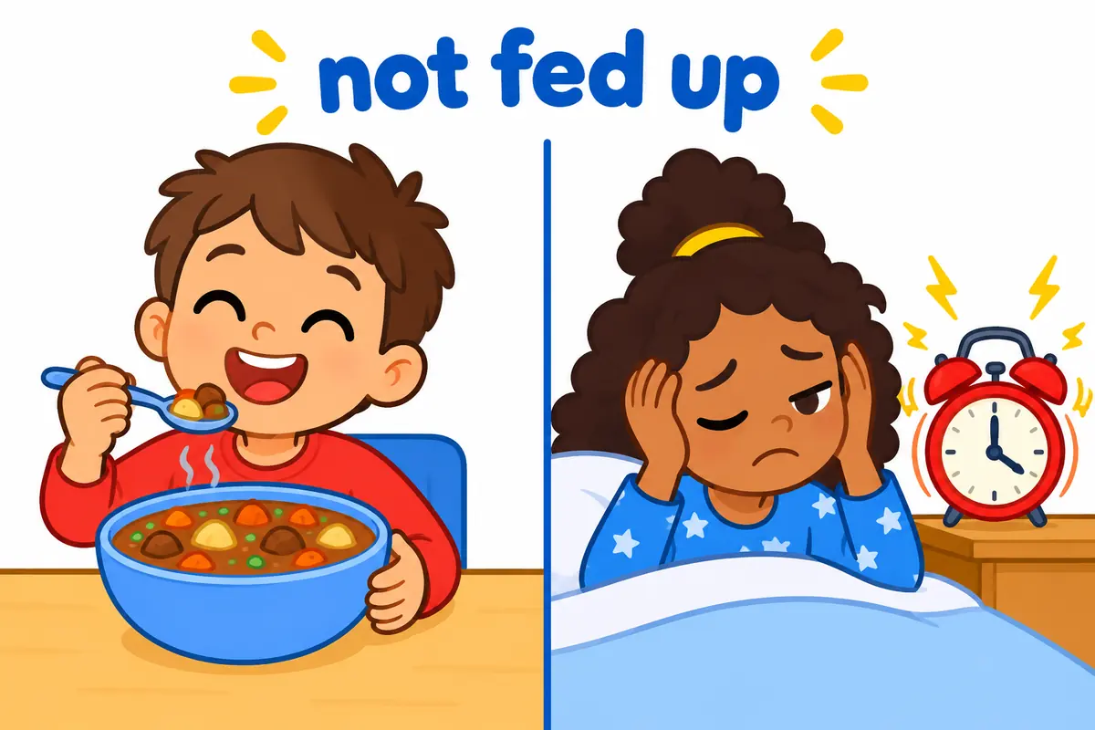 A cartoon split scene contrasts a cheerful child eating a hearty meal with a weary child frowning at a buzzing alarm.