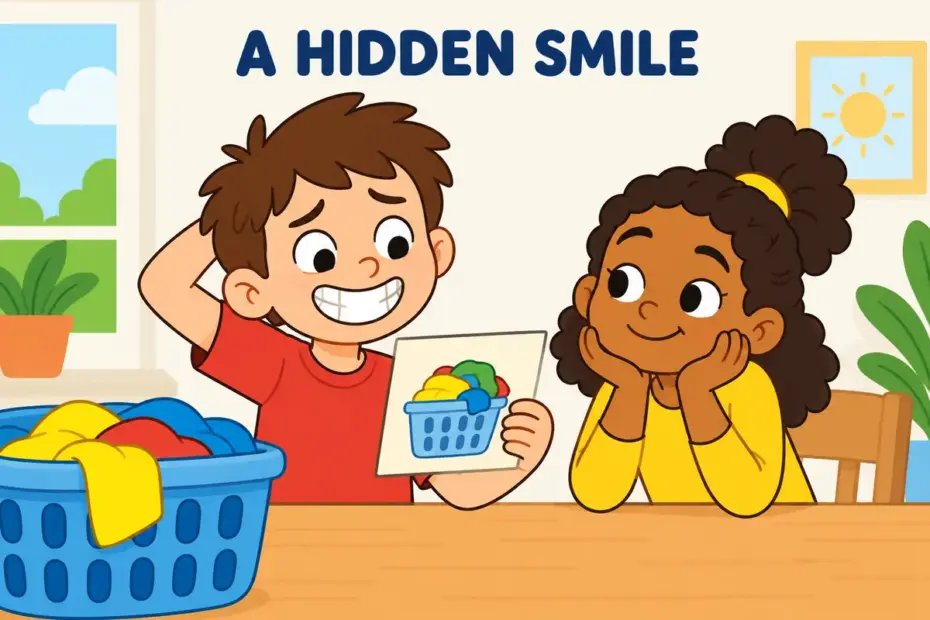 A child puts on a smile that does not match their feelings, illustrating feign in a sentence as a faked feeling.