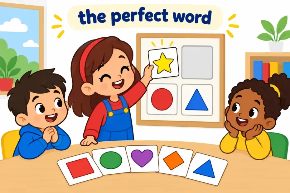 Cartoon children choose one exact word card from a fan of cards, illustrating felicitous in a sentence as apt, well-chosen wording.
