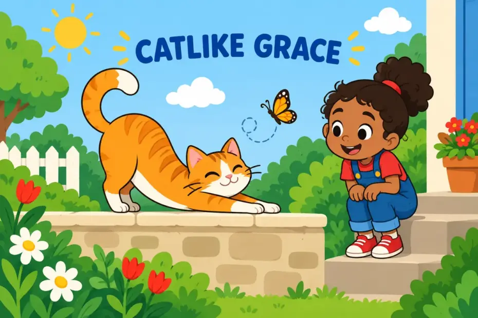 Cartoon child watches a cat stretch gracefully on a wall, showing feline in a sentence as catlike movement.