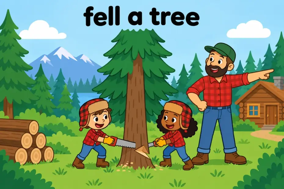 Cartoon foresters work together to cut a tall tree at its base, showing fell in a sentence as the verb for bringing a tree down.