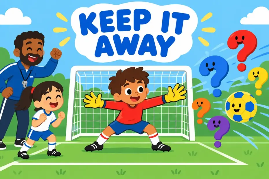Cartoon children stretch out their arms to fend off a wave of floating question marks and a soft ball, showing fend off in a sentence.