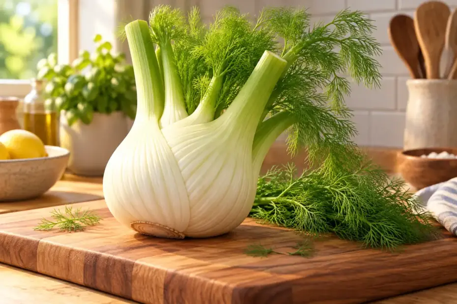 A fennel bulb and feathery fronds rest on a kitchen cutting board.