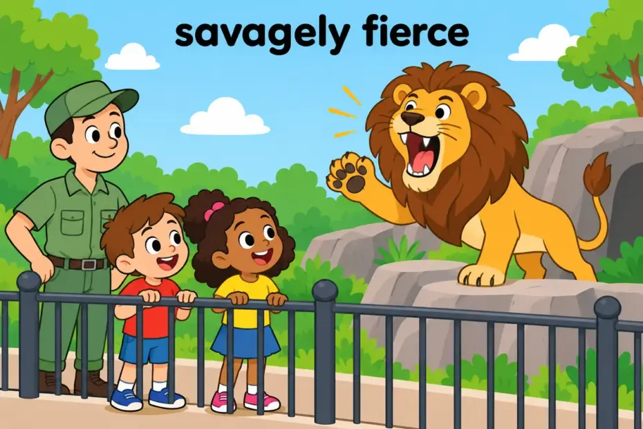 Cartoon children watch a ferocious cartoon lion roar behind a sturdy fence, showing ferocious in a sentence as fierce force.