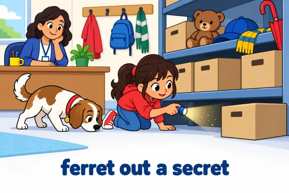 A cartoon child shines a torch along a lost-property shelf, showing ferret out in a sentence as the patient discovery of a hidden item.