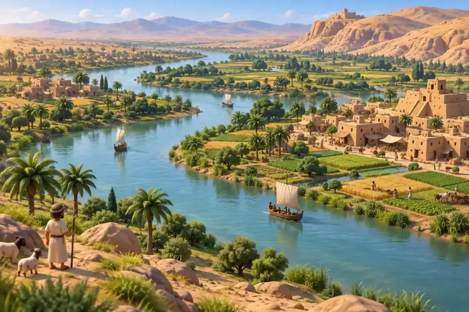 A broad river curves through cultivated land and ancient mudbrick settlements between dry hills.