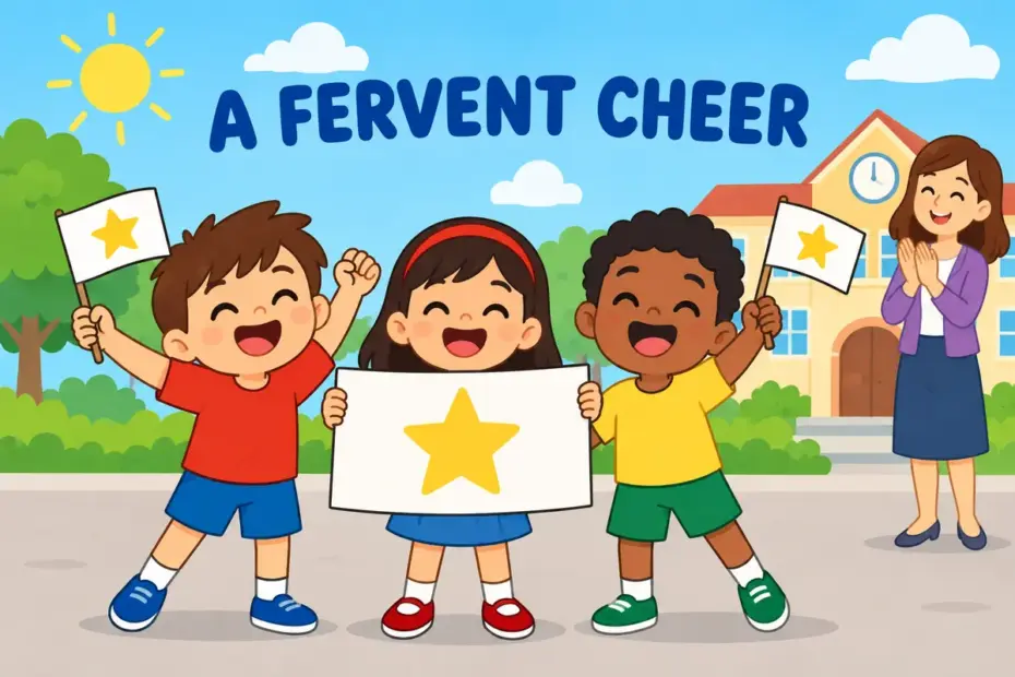 Cartoon children at a school rally wave handmade flags with warm smiles, showing fervent in a sentence as sincere enthusiasm.