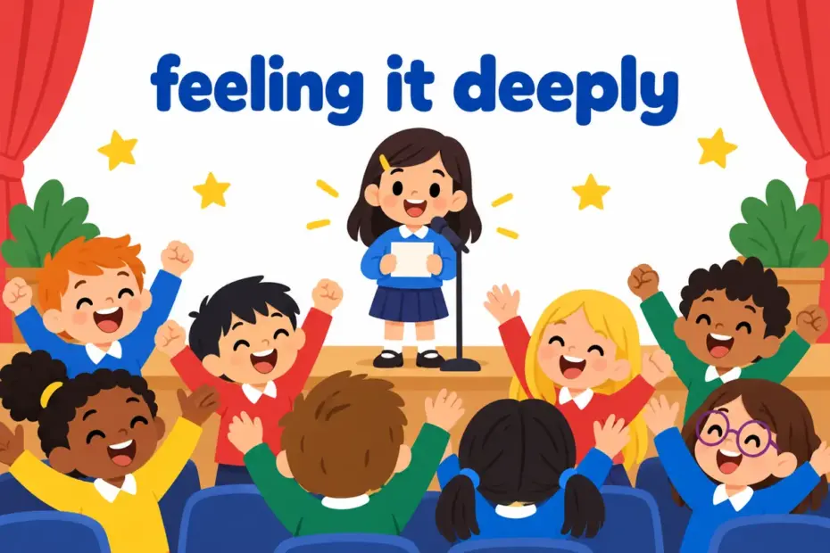 Cartoon pupils cheer together with raised arms, illustrating fervor in a sentence as intense shared feeling.