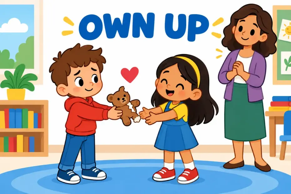A cartoon child hands back a broken toy with an honest face, showing fess up in a sentence as admitting a small fault.