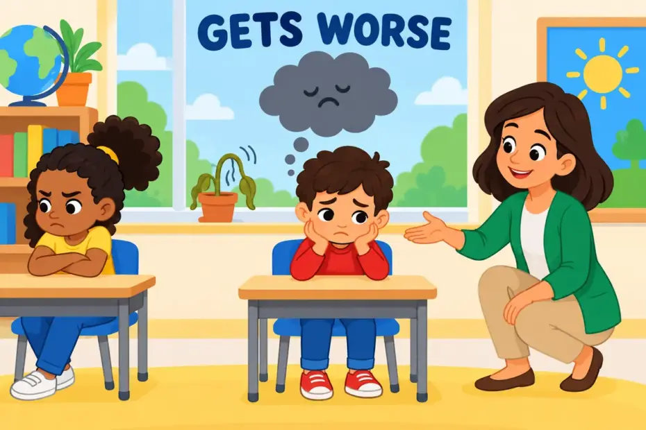A fester scene shows a child apart from a friend while a potted plant wilts and a thought-cloud grows.