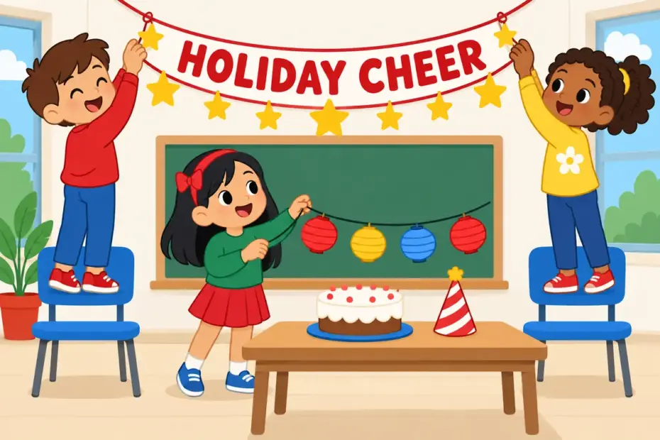 Cartoon children hang paper stars and lanterns across a classroom, showing festive in a sentence as celebration and cheerful mood.