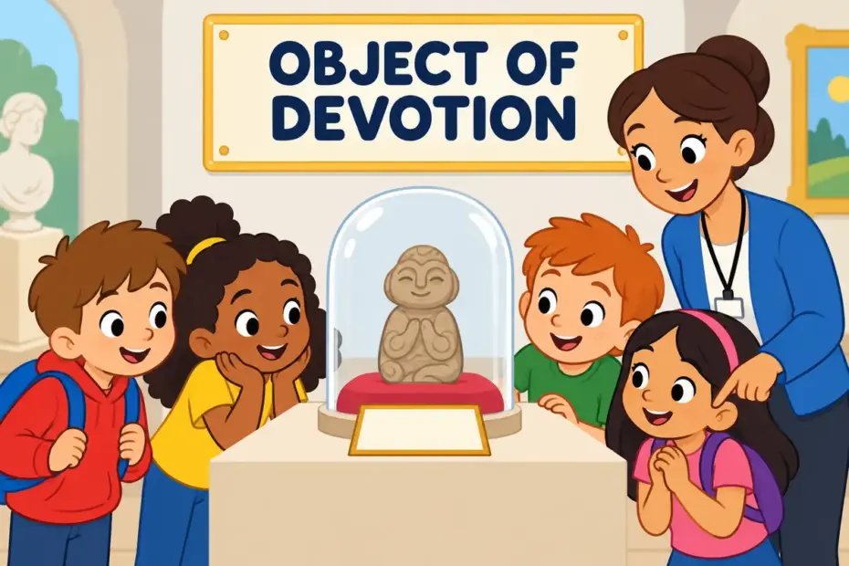 Cartoon children gather around a small carved stone object on a museum cushion, showing fetish as an object of power or devotion.