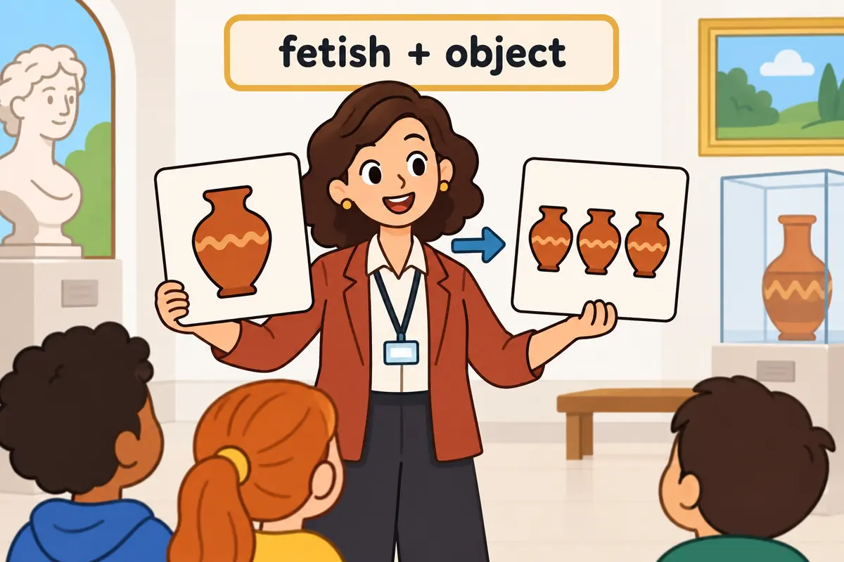 A cartoon card shows the noun fetish attached to a pictured object, teaching that the word names a thing.