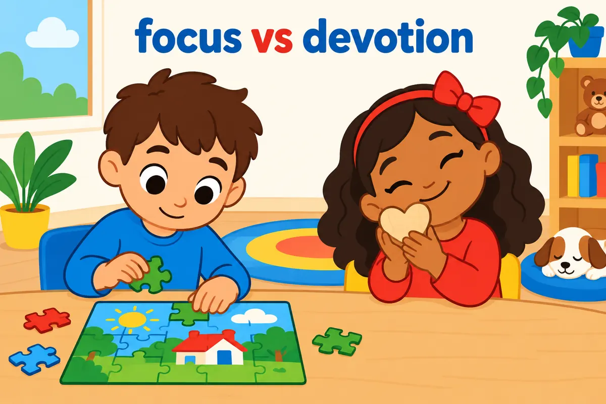 A single cartoon scene contrasts a child calmly focused on a puzzle with a child clutching a lucky object, contrasting fixation and fetish.