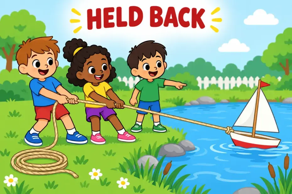 Cartoon children gently hold back a model boat with a soft rope, showing fetter in a sentence as an unwelcome restraint.