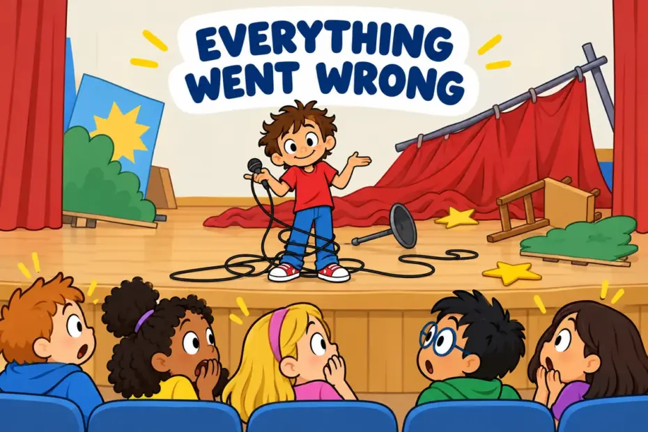Cartoon children watch a school stage show collapse into a tangle of props, showing fiasco in a sentence as a public failure.