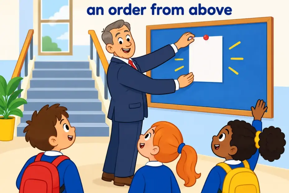 Cartoon pupils watch a head teacher pin a single notice to a board, showing fiat in a sentence as a top-down order.