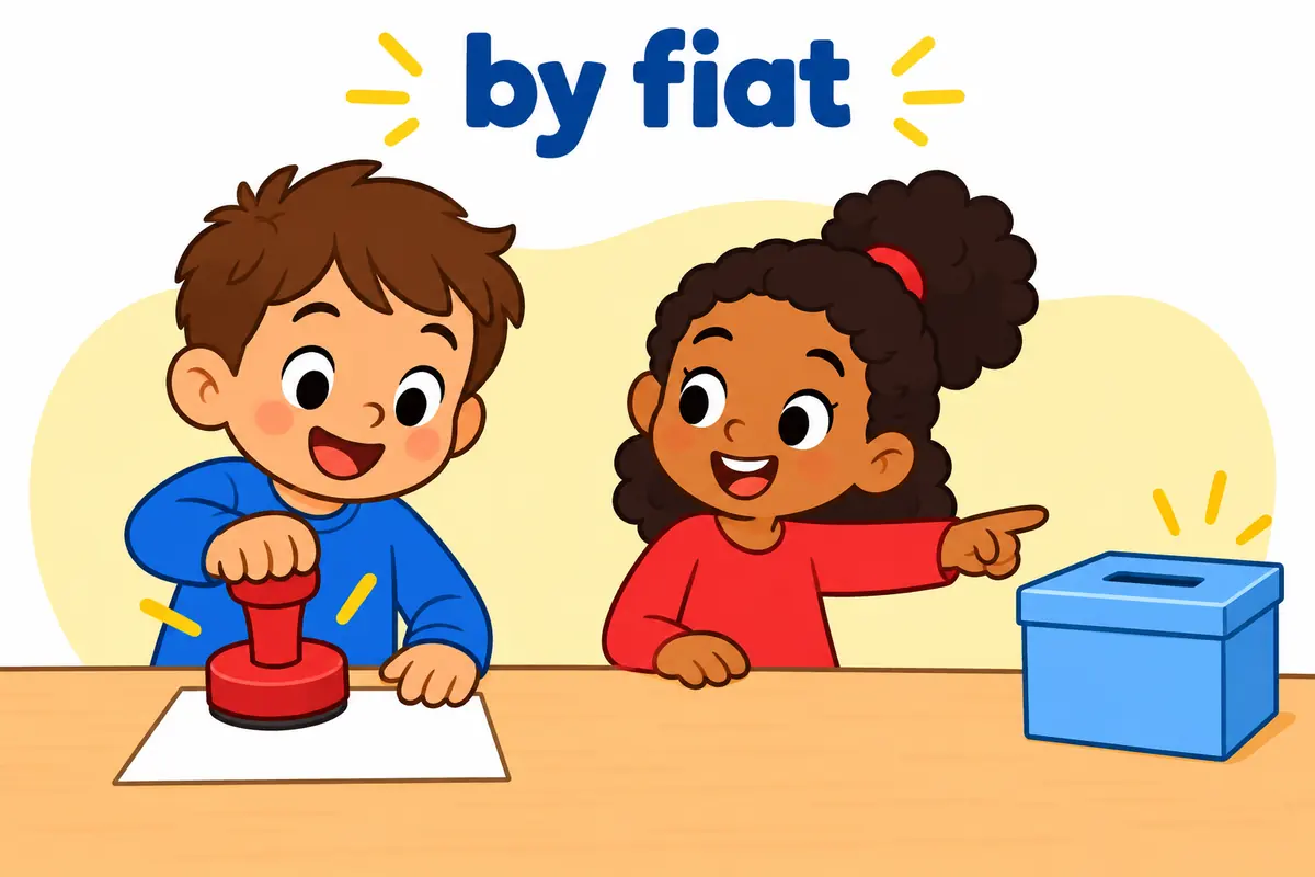 A cartoon stamp presses the phrase by fiat onto a plain card, showing the pattern by fiat in a sentence.