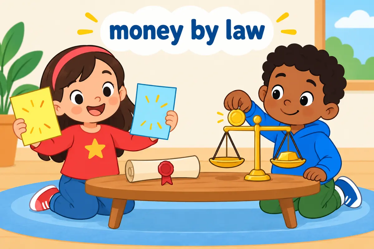A single cartoon scene contrasts modern paper notes with old coins beside a small gold bar.