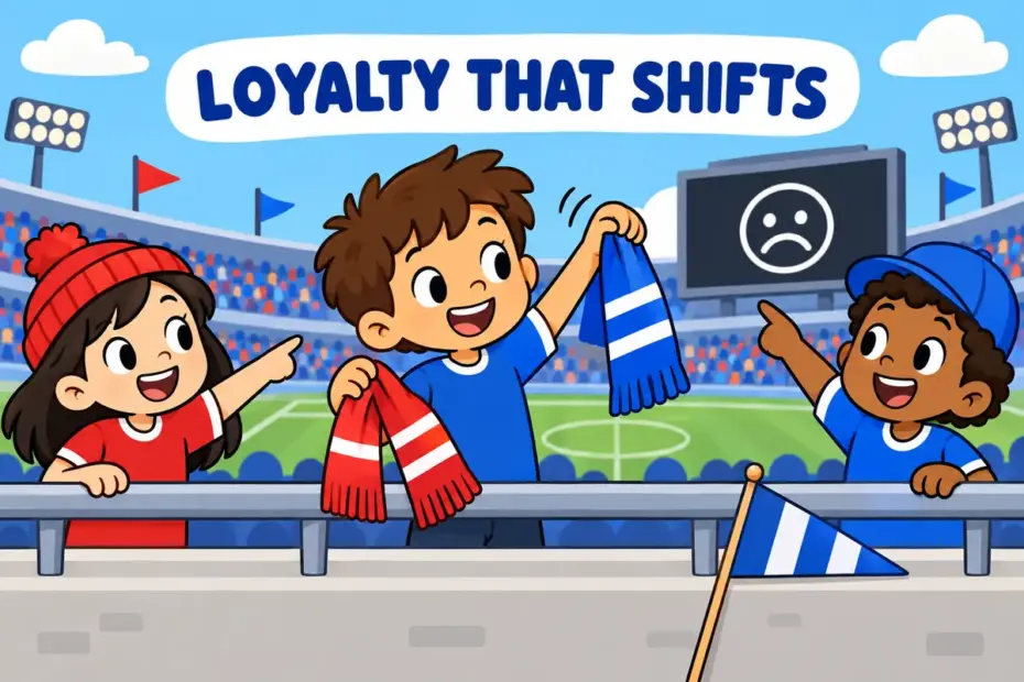 Cartoon children swap team scarves at a match, showing fickle in a sentence as loyalty that changes quickly.