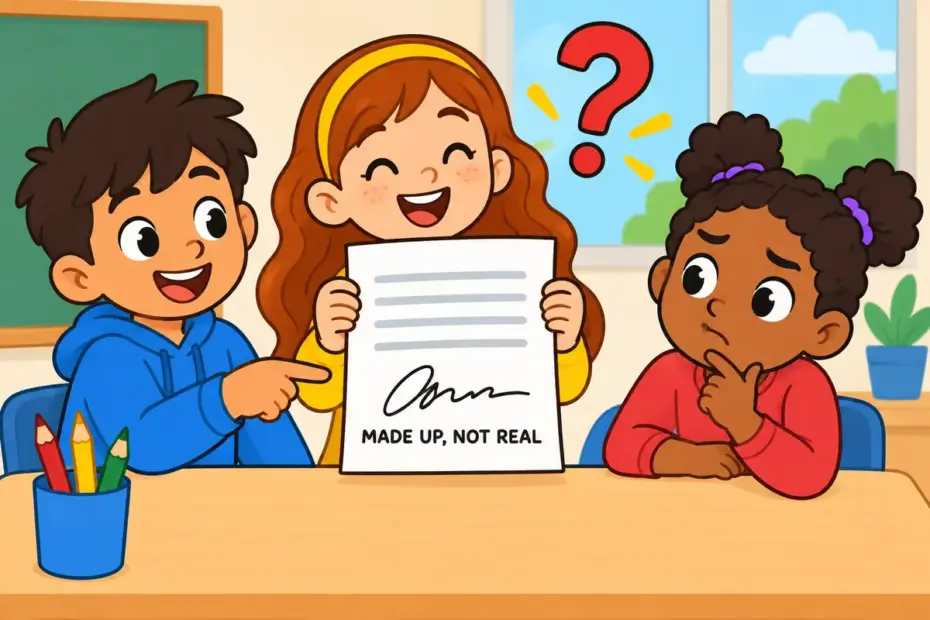 Cartoon pupils read a form with an invented name, illustrating fictitious in a sentence as something made up.