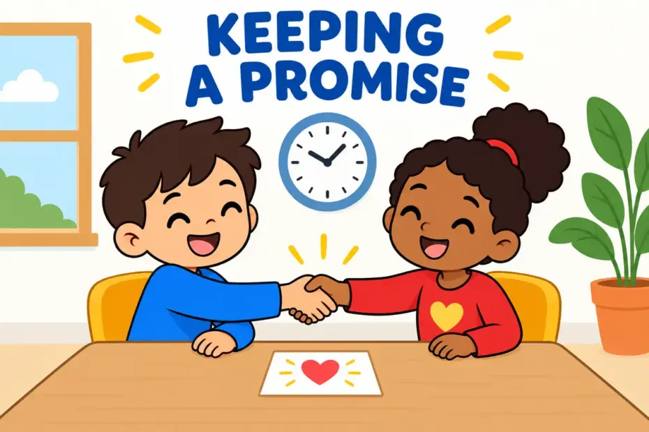 Cartoon children clasp hands over a signed promise card, showing fidelity as faithfulness to a promise.