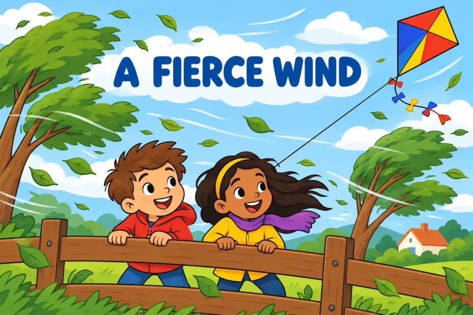Cartoon children hold onto a fence as a fierce wind bends trees, showing fierce in a sentence as raw force.