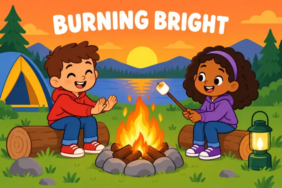 A cartoon child watches a glowing campfire at dusk and warms both hands, showing fiery in a sentence as burning like fire.