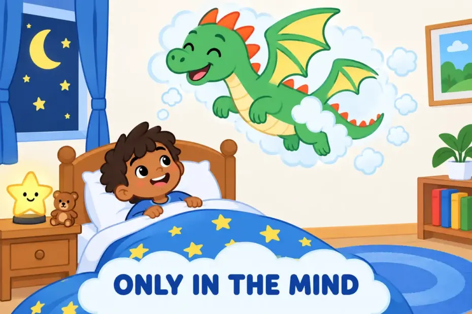 A cartoon child imagines a friendly dragon that fades into thought bubbles, showing figment in a sentence as a made-up thing.